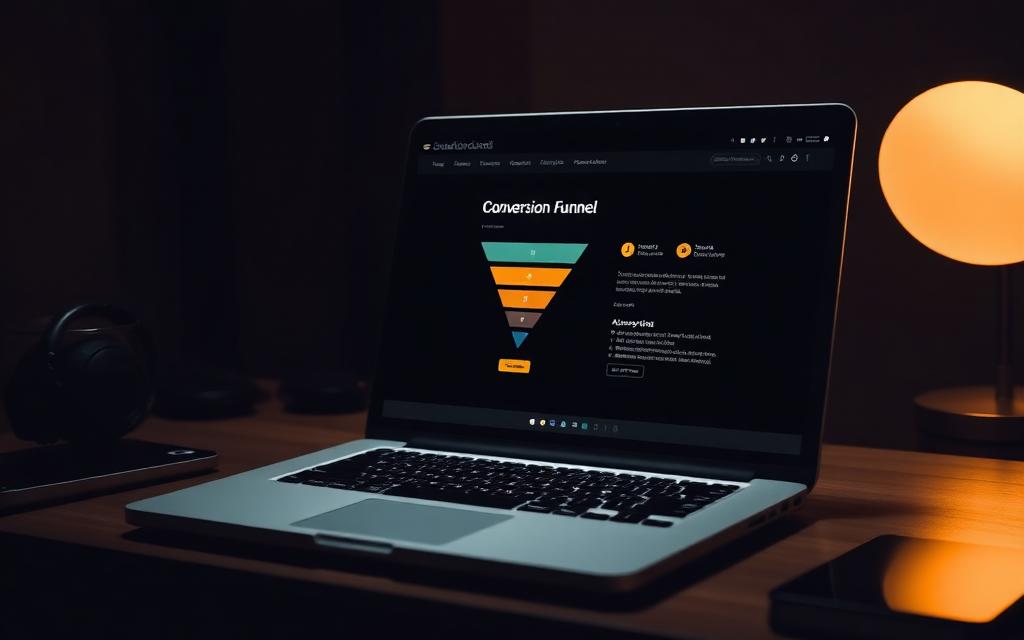 Laptop displaying a conversion funnel interface in a dark room